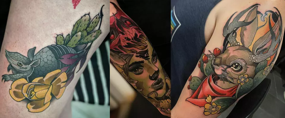 Two stunning neotraditional tattoos on a person's arm, showcasing bold and elegant artwork.