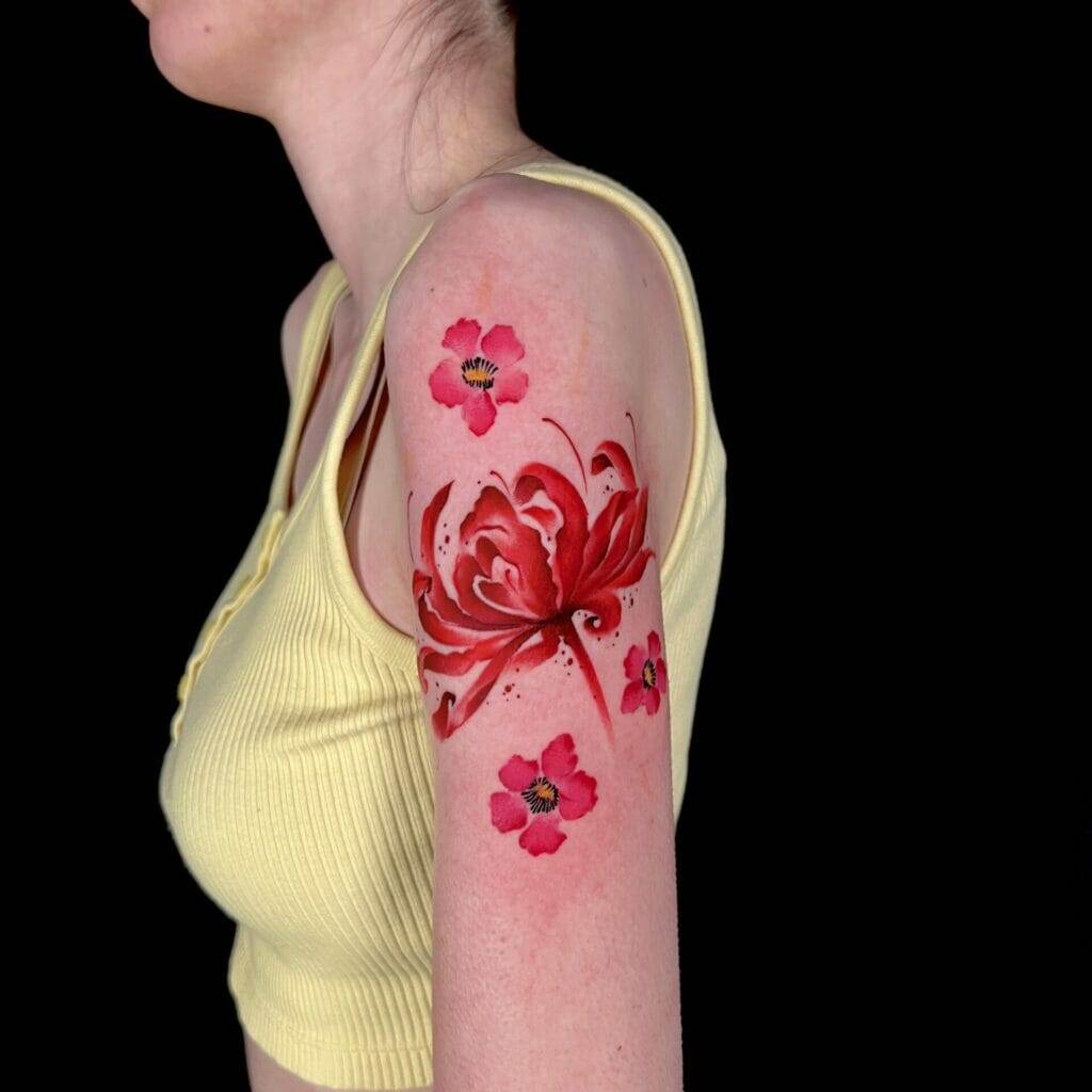 woman, red flower tattoo